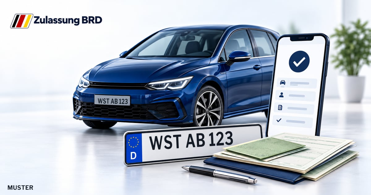 Online Fahrzeugzulassung in Edewecht: Musterkennzeichen WST AB 123, Auto und Fahrzeugpapiere und Smartphone. Illustration mit Logo von Zulassung BRD.